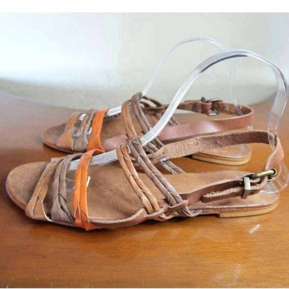 Ecote Womens‎ Slingback Sandals Tan & Orange Leather Woven Buckle Open Toe 9